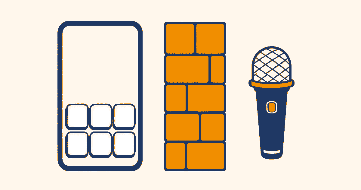 スマートフォンのキーボードとマイクの間にれんが塀がある手描き風イラスト
